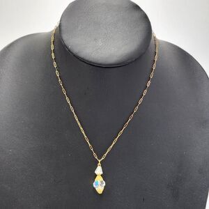 Vintage 1960s Elizabeth Morrey AB Crystal Necklace Gold Tone 16" Chain Pendant